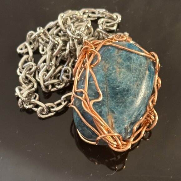 Blue Apatite Wire Wrapped Stainless Steel Wire Wrapped Copper Necklace Pendant